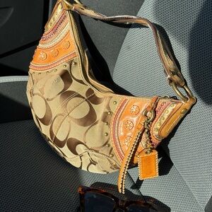 Coach Khaki Signature Canvas Shoulder Bag with Orange Trim